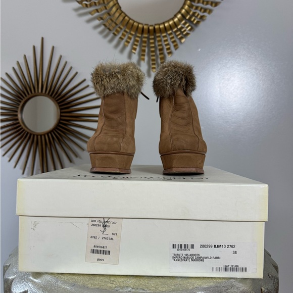 YSL - Tan Tribute Suede Booties w/ Fur Cuffs - Picture 13 of 15